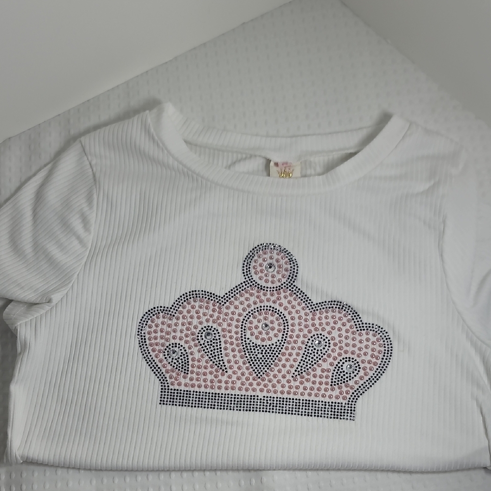 Girls' White Ribbed Tee with Rhinestone Crown - Picture 1 of 3